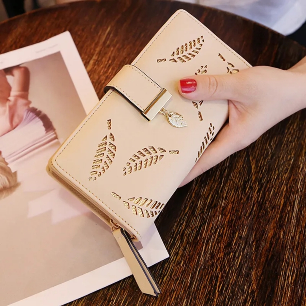 Womens Leave Design Pu Leather Zipper Buckle Wallet